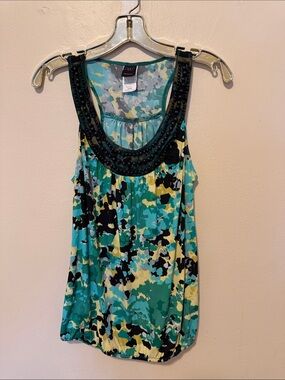 Wrapper Beaded Scoop Neck Tank Top - Teal Multi